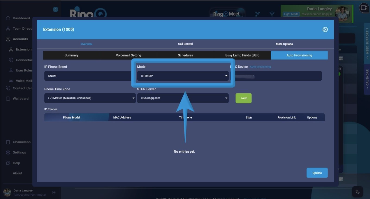 Select Snom D150 as the model.